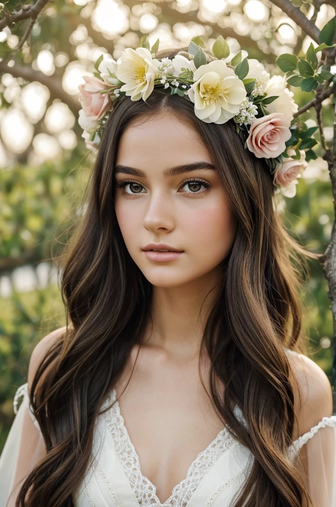I need a hyperrealistic image with a teenager in the center, great beauty and youth. She is represented as a young woman with a delicate and almost ethereal appearance., with a pale and luminous complexion. Their eyes are usually described as large and luminous., reflecting her divine and mysterious nature with long dark hair that falls in soft waves around her face wearing fine and elegant clothes, that highlight your beauty and femininity. wearing a flower crown, symbolizing his connection with nature and spring, that flowers come out of his hands and that he is on a very bright day with fruit trees, he has the sun shining with a little bird on his shoulder