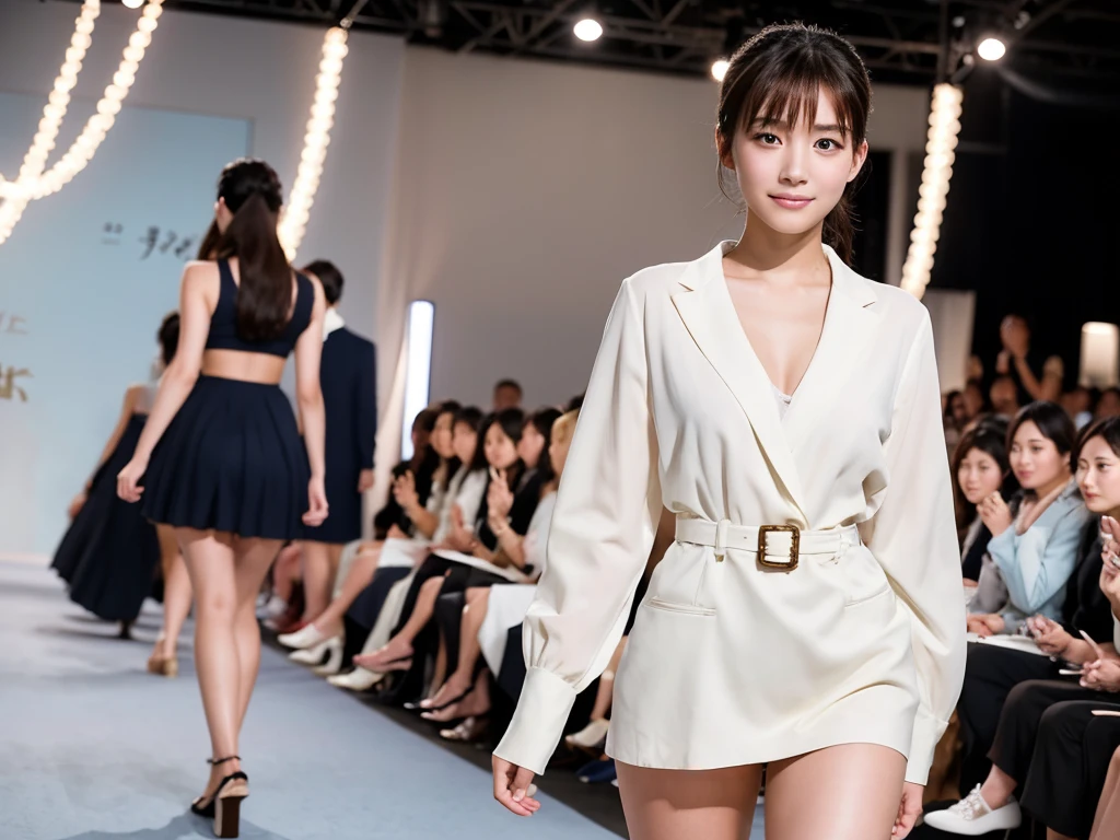 A live-action photo of an extremely beautiful Japanese high school girl race queen who highlights her large breasts and beautiful legs.、Photographed walking down the runway at a fashion show wearing the latest BRADELIS New York lingerie.、She is an eternal idol who combines a clean look with modern charm.。 She creates such beauty。 She feels her own warmth。 She creates a warm atmosphere。 We create beauty。 That&#39;s what I want to say。 In her full body photo、The figure features porcelain-like skin and golden hair that radiates a soft glow.。 This is probably、It captured the essence of her timeless charm.、This is the best shot ever.。 Each straight line and curve is carefully expressed.、Breathtakingly beautiful with impeccable detail。 This piece perfectly captures her timeless beauty.。 Divine Proportions、Sharp focus、Full-body photo taken by Kishin Shinoyama、high quality、High resolution、Detailed Background
