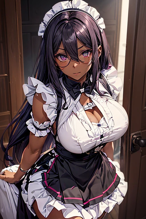 (isabe),(1 girl),(pretty:1.5),(Super hot:1.5),(dark skin:2.0),(Long dark purple hair and dark purple eyes),(Super mega gigantic breasts:1.5), (Height 1.76),(beautiful young woman),(super handsome 18 year old ager),(Wearing),+,(\dressed as a maid, and maid's outfit and super revealing on the back, I lowered the short skirt a lot, showing the legs, and a little of her panties, and the part of the apron at the back of the skirt is very low, showing her delicious buttocks, and over the maid uniform it looks like a very short and sexual bra, and she has a big ass and super big breasts, she is super busty and has very big buttocks)/