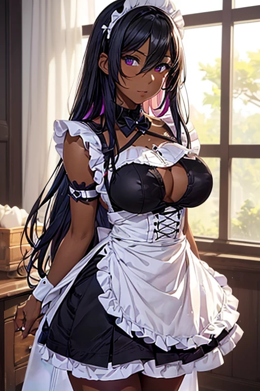 (isabe),(1 girl),(pretty:1.5),(Super hot:1.5),(dark skin:2.0),(Long dark purple hair and dark purple eyes),(Super mega gigantic breasts:1.5), (Height 1.76),(beautiful young woman),(super handsome 18 year old teenager),(Wearing),+,(\dressed as a maid, and maid's outfit and super revealing on the back, I lowered the short skirt a lot, showing the legs, and a little of her panties, and the part of the apron at the back of the skirt is very low, showing her delicious buttocks, and over the maid uniform it looks like a very short and sexual bra, and she has a big ass and super big breasts, she is super busty and has very big buttocks)/