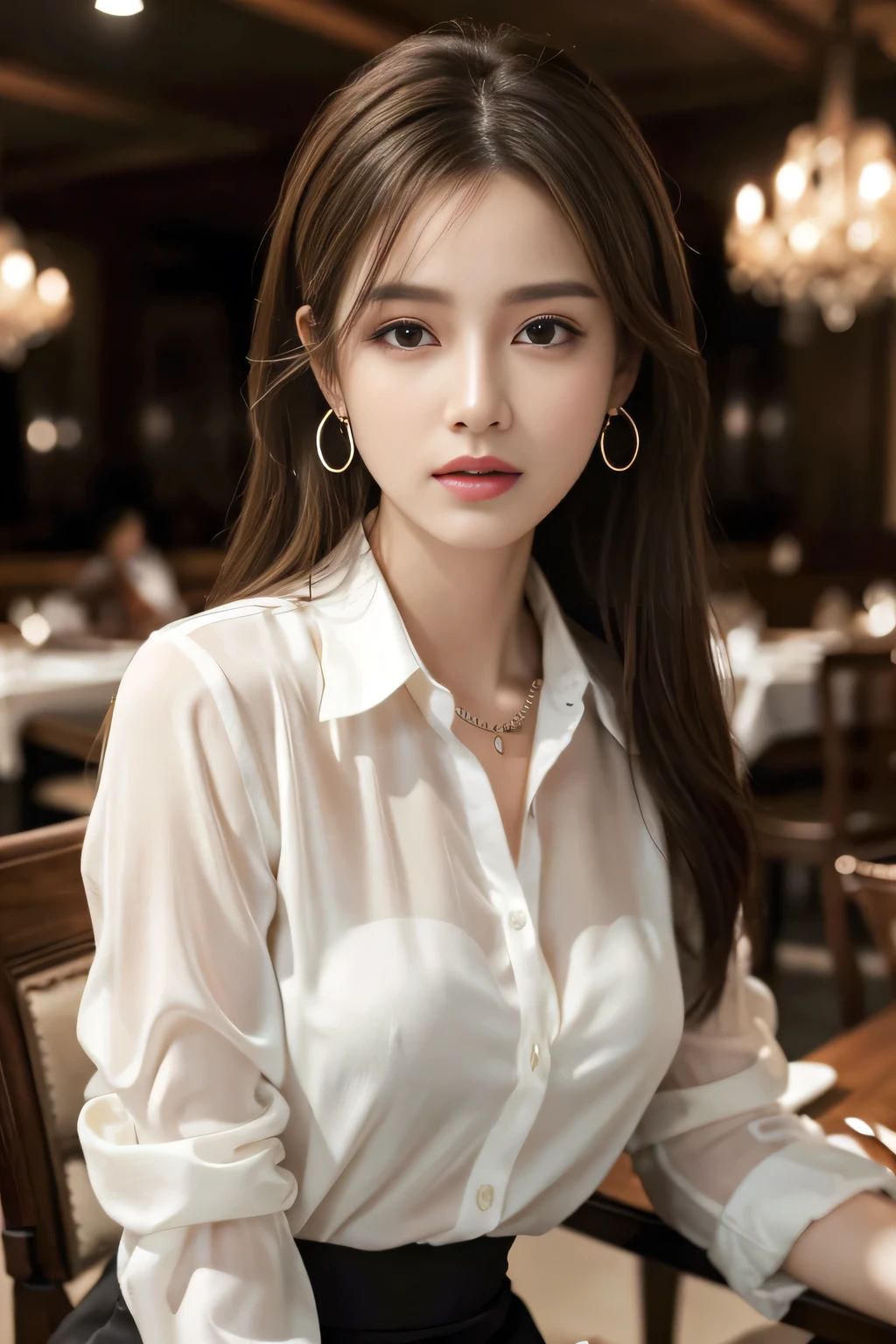 masterpiece, Highest quality, Realistic, Very detailed, Finer details, High resolution, 8k wallpaper, One beautiful woman, Wear an elegant white see-through shirt, In a great restaurant, At night, Light brown messy hair, Perfect dynamic composition, Beautiful and beautiful eyes、Big earrings、Sit on a chair、