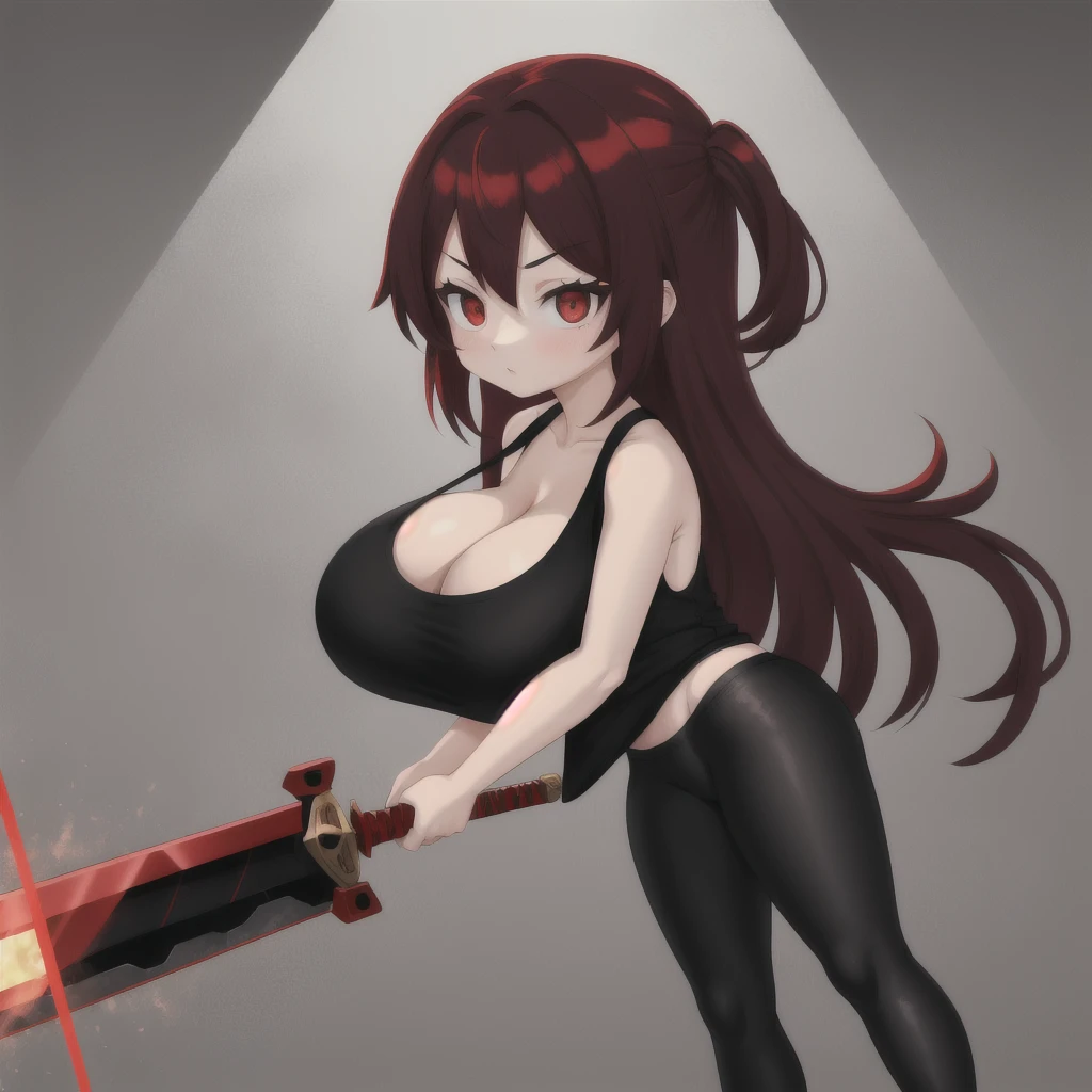 red hair, female, solo, smol, red eyes, massive breasts, oppai , very long hair, wear open cut black tight tank top and red leggings, holding a red sword, masterpiece, ultra high quality