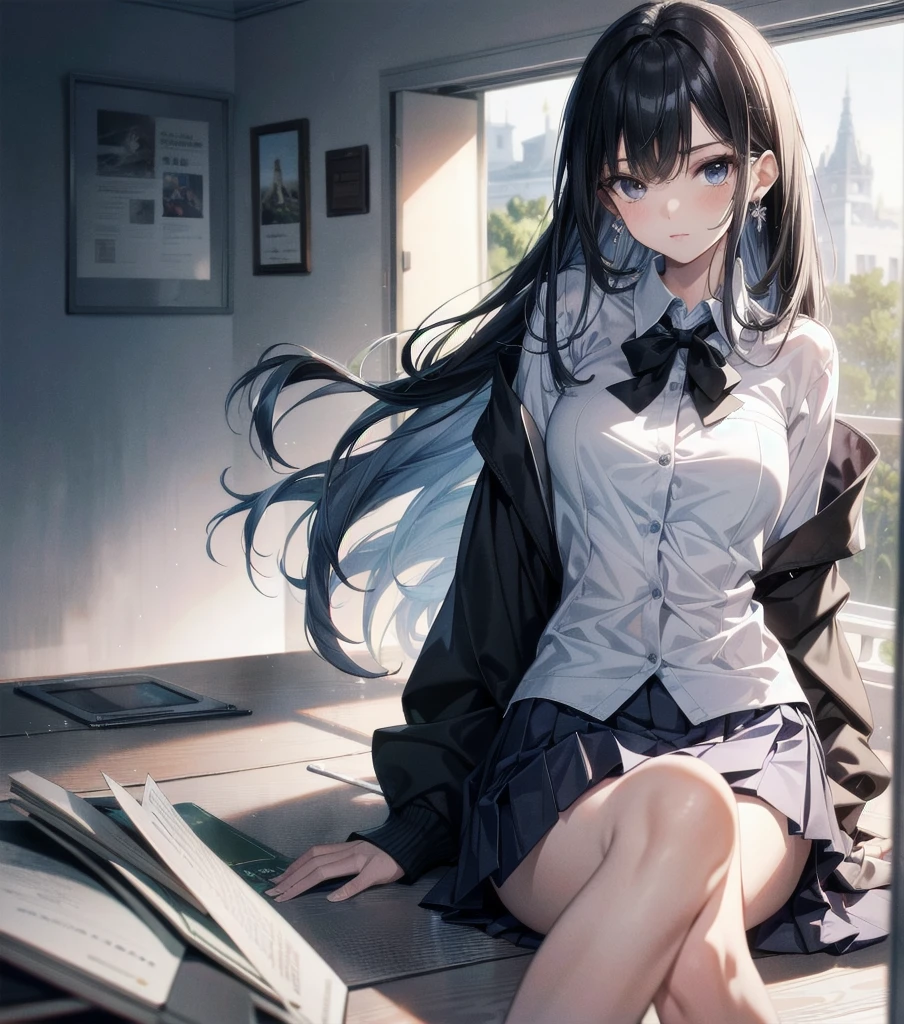 absurdres, RAW photo, extremely delicate and beautiful, masterpiece, Best Quality, ultra high resolution, 32k, hyperrealistic, ultra-detailed, in her 20s, very Slim body, narrow waist, very small head, very small face, delicate facial features, tearful mole, earring, very huge round breasts, ((full body shot)), medium hair, black hair, ((school_uniform)),