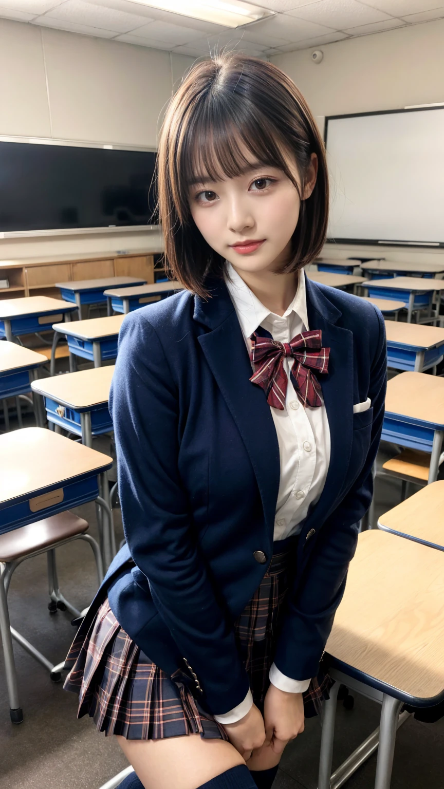 (8K, RAW Photos, Highest quality, masterpiece:1.2), masterpiece, super detailed, super high quality, (Realistic and photorealistic photography:1. 37), High-resolution RAW color photos, Very delicate and beautiful, highly detailed, 8k wallpaper, wonderful, detailed, Very eye, very detailed, very detailed skin, very thin fingers, very detailed nose, very detailed mouth, Perfect Anatomy, BREAK,18 year old girl, short bob hair, huge breasts, colossal tits, very huge round breasts, (perfect body shape:1.1), Big Natural Color Lip, cute type, ta, (Details High quality, realistic depiction of eyes:1.3), Beautiful makeup, glitter makeup, BREAK, High school girl uniform, blazer, Super Short Check Uniform Skirt, Navy blue high socks, Disturbed uniform, BREAK, (High School Classroom:1.2), bold sexy pose, hposing Gravure Idol, full body photo