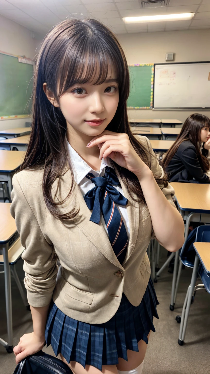 (8K, RAW Photos, Highest quality, masterpiece:1.2), masterpiece, super detailed, super high quality, (Realistic and photorealistic photography:1. 37), High-resolution RAW color photos, Very delicate and beautiful, highly detailed, 8k wallpaper, wonderful, detailed, Very eye, very detailed, very detailed skin, very thin fingers, very detailed nose, very detailed mouth, Perfect Anatomy, BREAK,18 year old girl, short bob hair, huge breasts, colossal tits, very huge round breasts, (perfect body shape:1.1), Big Natural Color Lip, cute type, ta, (Details High quality, realistic depiction of eyes:1.3), Beautiful makeup, glitter makeup, BREAK, High school girl uniform, blazer, Super Short Check Uniform Skirt, Navy blue high socks, Disturbed uniform, BREAK, (High School Classroom:1.2), bold sexy pose, hposing Gravure Idol, full body photo