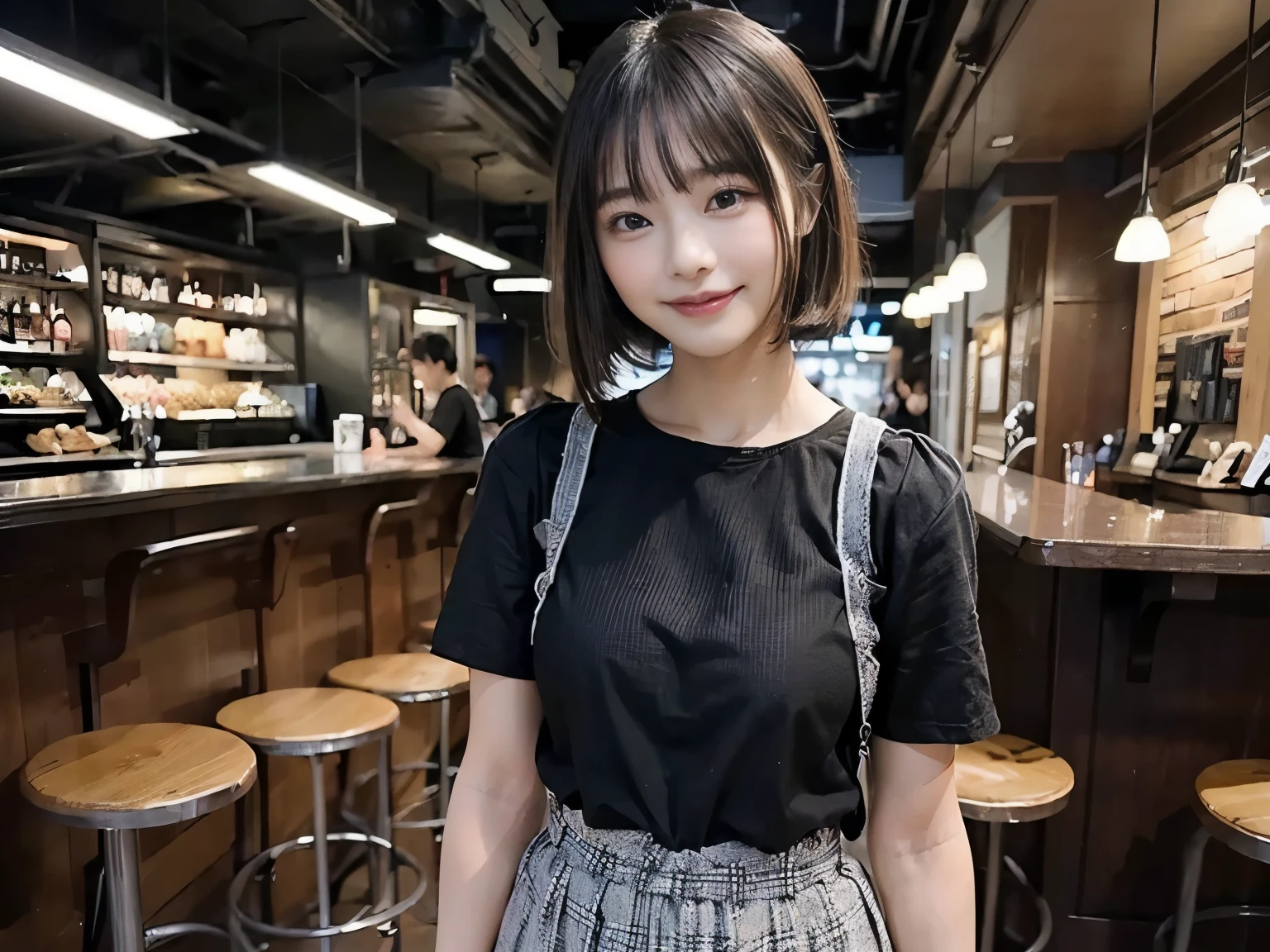 (Highest quality, masterpiece, Ultra-high resolution, 8K, RAW Photos, Realistic, Anatomically correct:1.5), 20-year-old girl:1.2, Embarrassing, avert your eyes, blush:1.0, View Viewer, ((bar)) 、Night view、 Light:1.2, Bokeh, Cinema Lighting:1.0, Depth of written boundary, sharp、 Cute face、Idol、Black short sleeve lace top、Black pleated skirt、Black clothing、”dwarf”、Full Body Shot、Cowboy Shot、 smile、(Ultra short hair、Short ponytail)、(Straight bangs)、((See-through))、(( One Girl))、