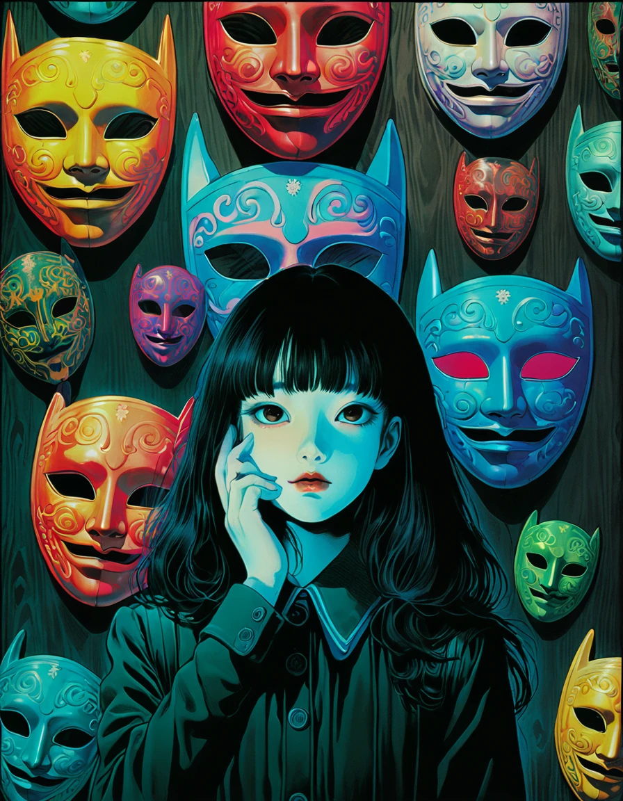 illust、art、from 80s horror movie, directed by Junji Ito、Color on the wall々The mysterious masks of various countries are on display.、high detail, realsitic shadow、Analog style, vhs style, 8mm film, chromatic aberration, Dvd screengrab、Complementary color gradient、Surrealism