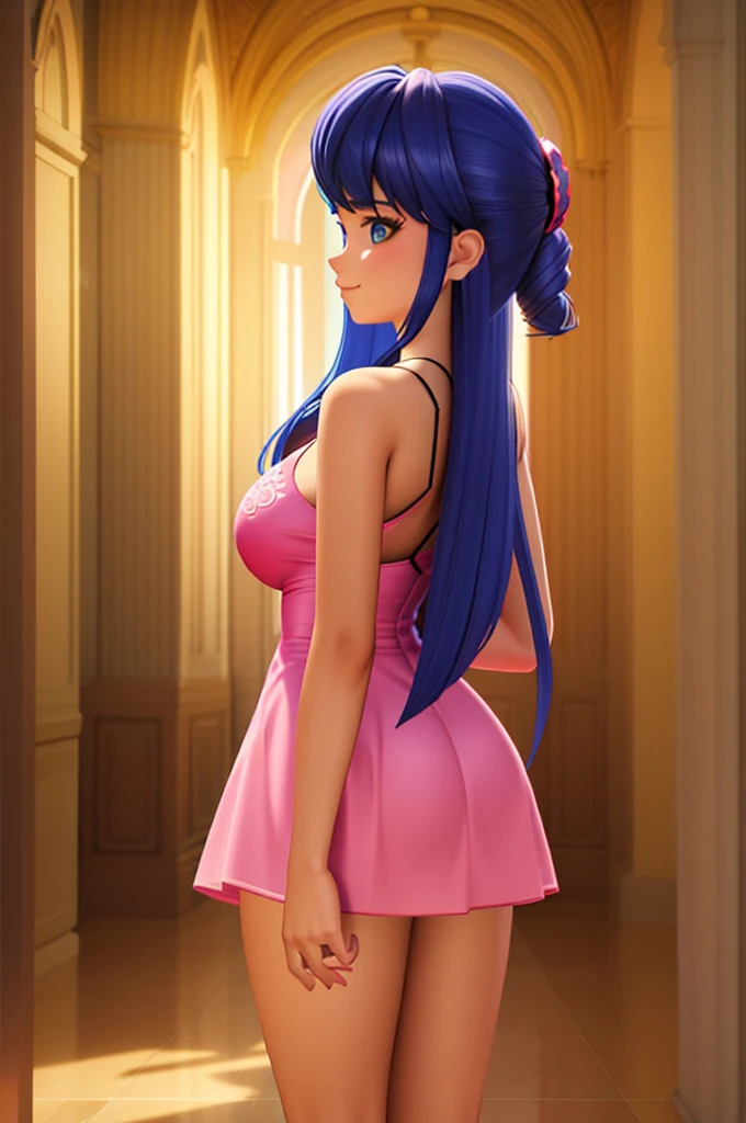 (8k, RAW photo, best quality, masterpiece:1.2), (intricate details), perfect eyes, perfect face, perfect lighting, beautiful, (masterpiece:1.2), (best quality:1.2), 1girl, solo, Marinette, blue hair, ((long loosen hair)), adult torso, 19 years old, slight smile, huge sized breasts, (pink dress), cowboy shot, 3DMM, standing, back view 