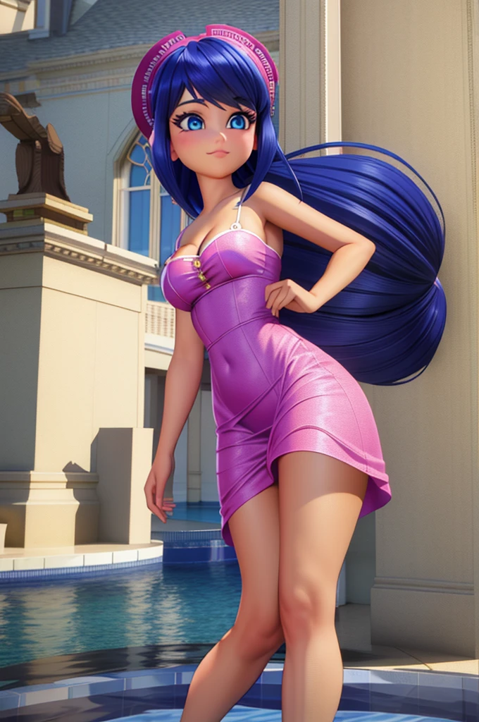 (8k, RAW photo, best quality, masterpiece:1.2), (intricate details), perfect eyes, perfect face, perfect lighting, beautiful, (masterpiece:1.2), (best quality:1.2), 1girl, solo, Marinette, blue hair, ((long loosen hair)), adult torso, 19 years old, slight smile, huge sized breasts, (pink dress), cowboy shot, 3DMM, standing, back view 