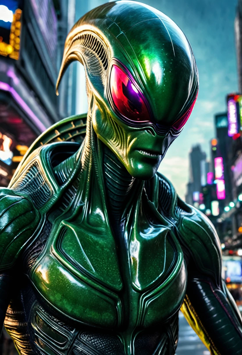 (((Extreme close-up Xenomorph Alien the eighth passenger merged with The Green Goblin Spiderman universe(((Front Images))),(((Splash color images)))