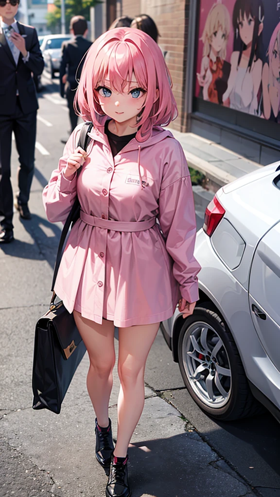 Anime girl with pink hair taking pictures