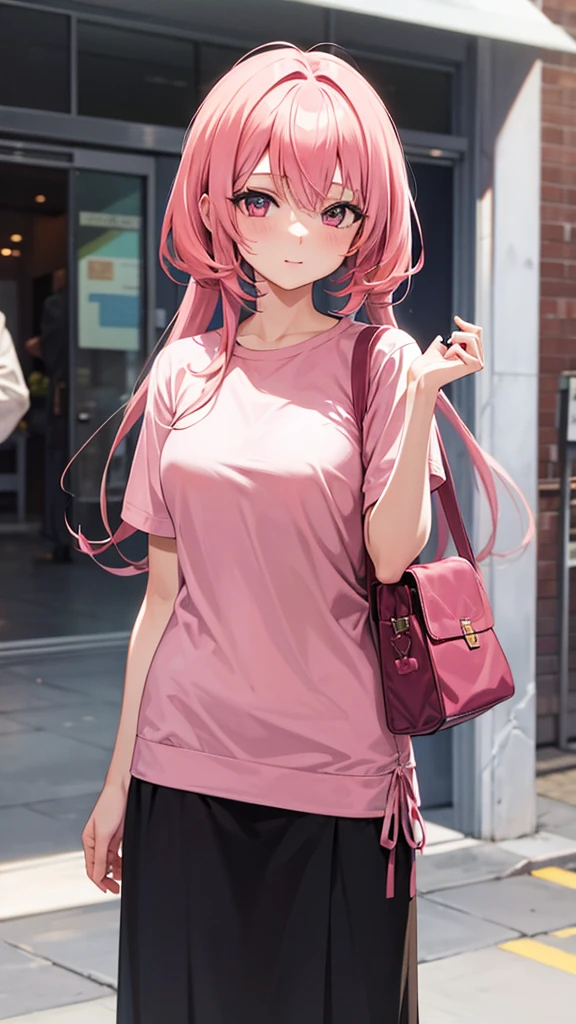 Anime girl with pink hair taking pictures