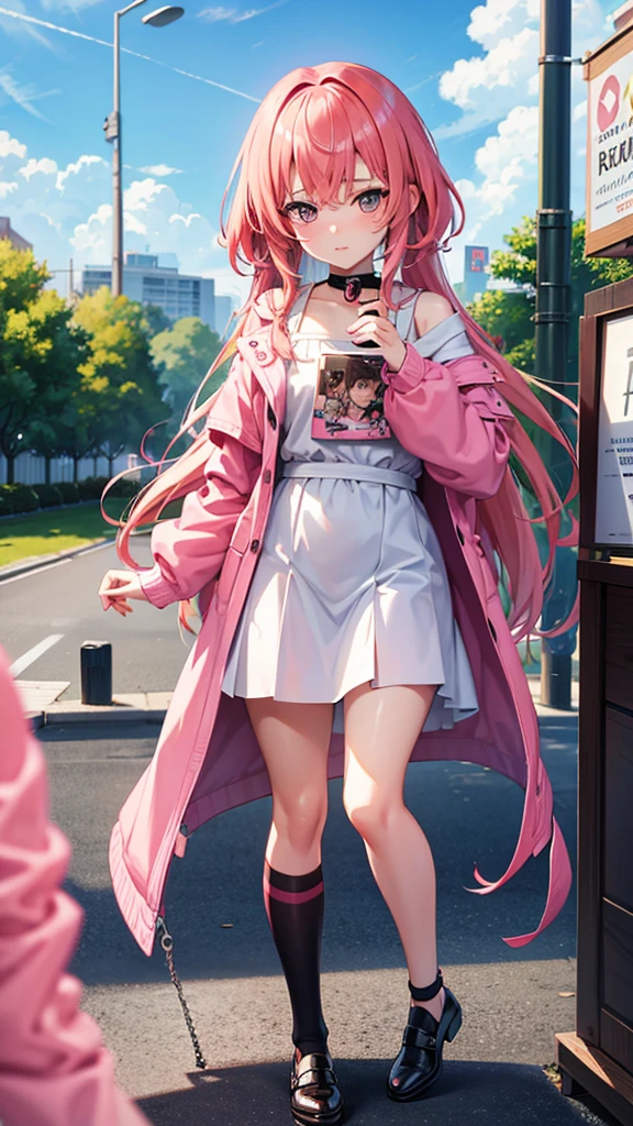 Anime girl with pink hair taking pictures