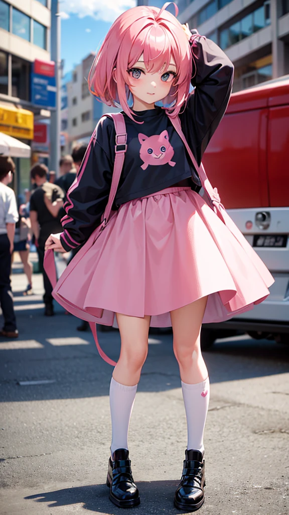 Anime girl with pink hair taking pictures