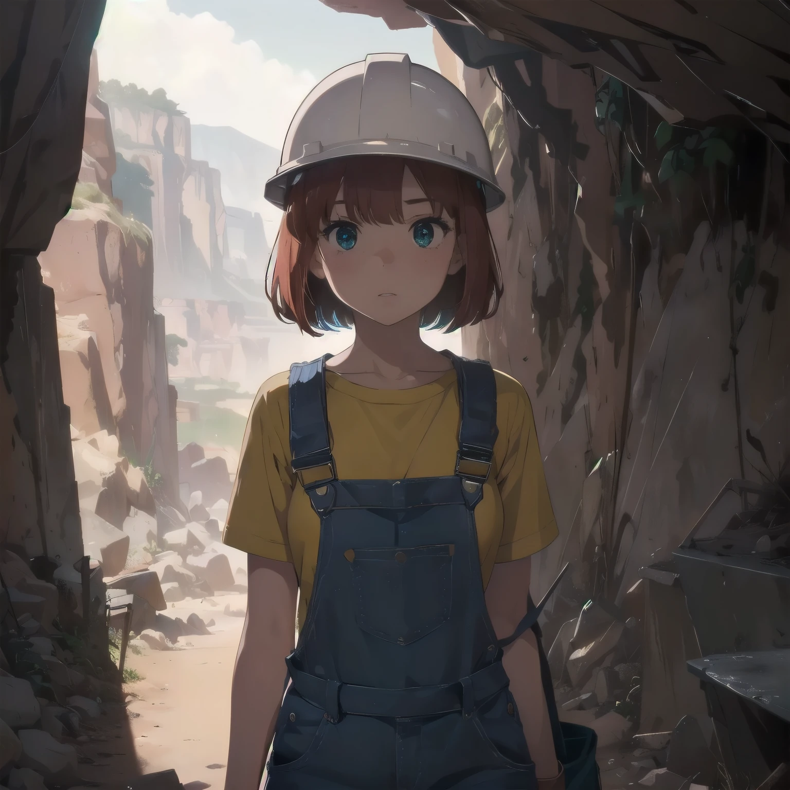 (masterpiece), best quality, expressive eyes, perfect face, 1girl, solo, bob cut, redhead, red hair BREAK short hair, green eyes BREAK blush, looking at viewer, freckles, breasts, cleavage, standing, yellow shirt BREAK blue overalls BREAK :o, surprised face, cave, cave interior, blue rocks, mines, looking away, gloves, safety helmet