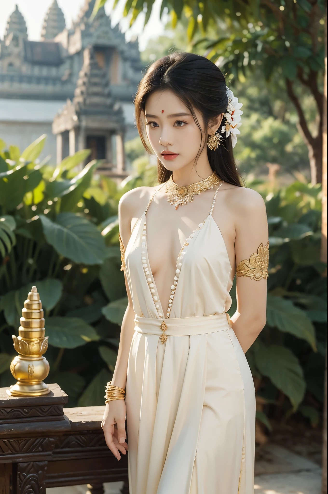 (((best quality))), (((ultra detailed))), (((masterpiece))), illustration, A Cambodian princess in traditional costume at Angkor Wat, beautiful,solo,slim,thin,flat chest,shoulder length straight hair, standing,arms behind back,delicate features, bright eyes, graceful, dignity,gentle breeze, ancient temple ruins, Cambodian patterns, beads, pearls, luxurious dress, traditional sandals, national pride, small Cambodian flag, intricate carvings, historical significance, setting sun, golden glow, radiance, regal, beauty, cultural richness, Cambodia, resilience, pride, rich history, cultural heritage, diversity, traditions, values,upper body,from front