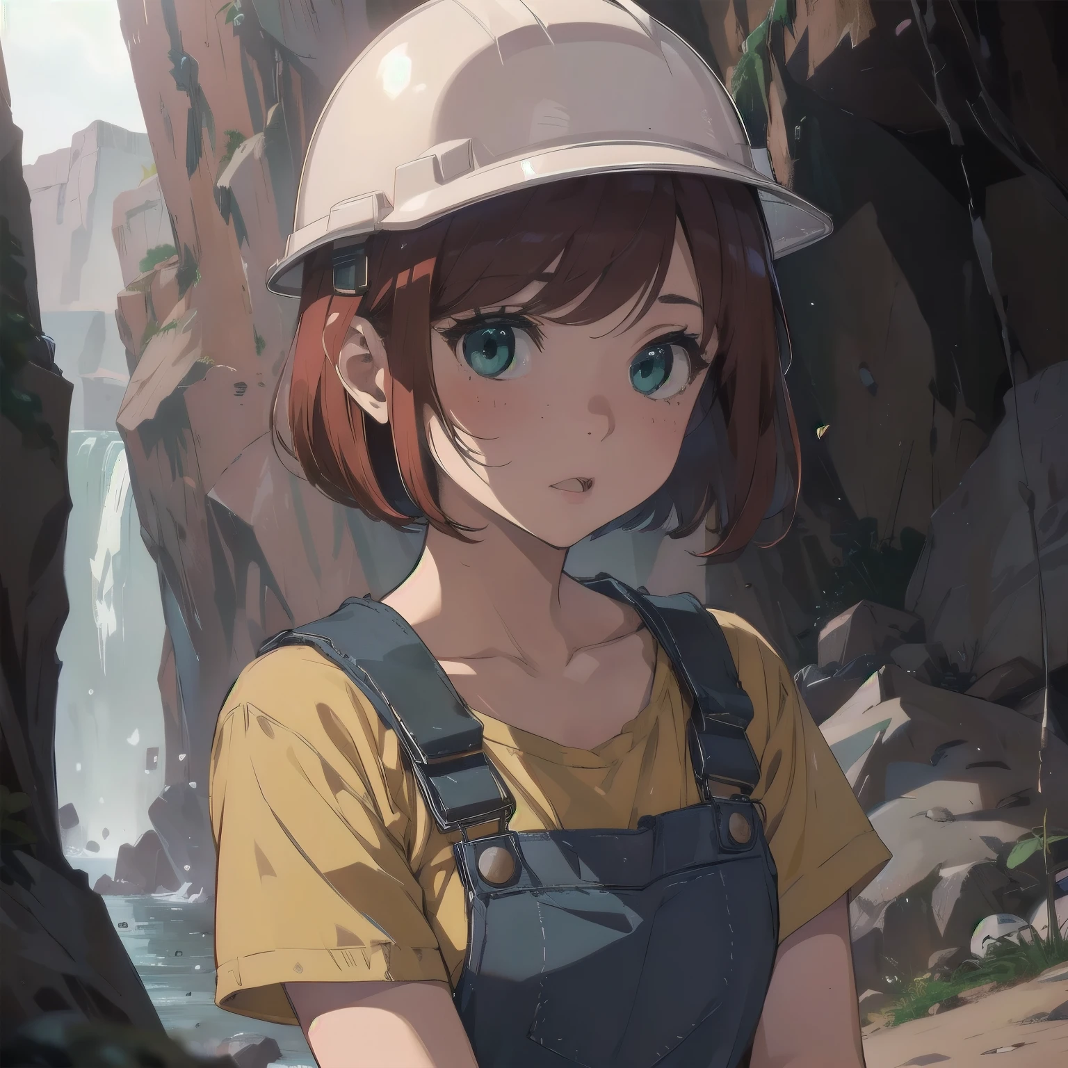 (masterpiece), best quality, expressive eyes, perfect face, 1girl, solo, bob cut, redhead, red hair BREAK short hair, green eyes BREAK blush, looking at viewer, freckles, breasts, cleavage, standing, yellow shirt BREAK blue overalls BREAK :o, surprised face, cave, cave interior, blue rocks, mines, looking away, gloves, safety helmet