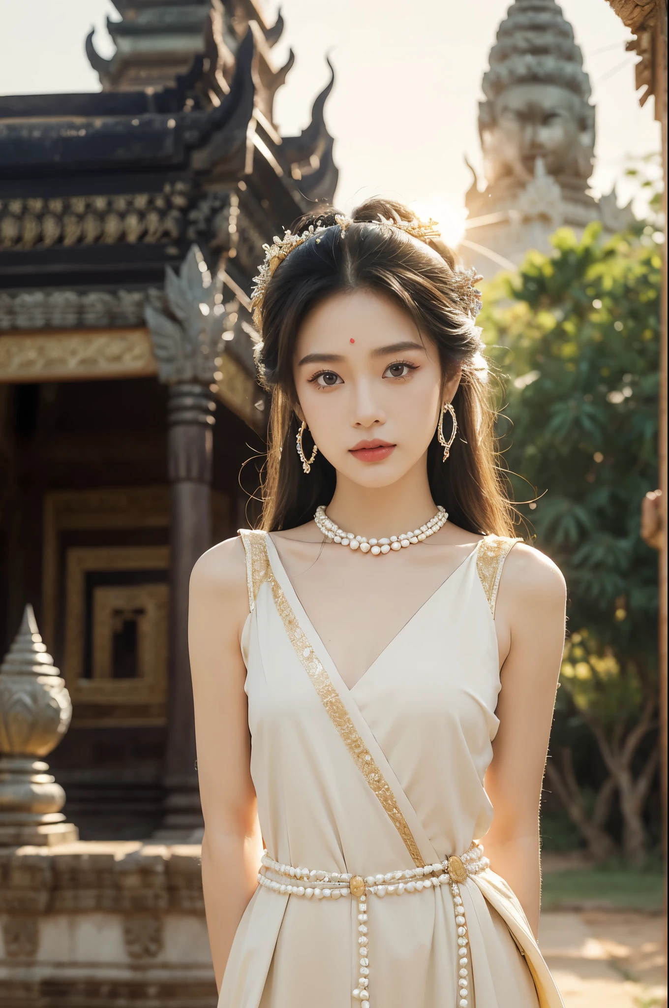 (((best quality))), (((ultra detailed))), (((masterpiece))), illustration, A Cambodian princess in traditional costume at Angkor Wat, beautiful,solo,slim,thin,flat chest,shoulder length straight hair, standing,arms behind back,delicate features, bright eyes, graceful, dignity,gentle breeze, ancient temple ruins, Cambodian patterns, beads, pearls, luxurious dress, traditional sandals, national pride, small Cambodian flag, intricate carvings, historical significance, setting sun, golden glow, radiance, regal, beauty, cultural richness, Cambodia, resilience, pride, rich history, cultural heritage, diversity, traditions, values,upper body,from front