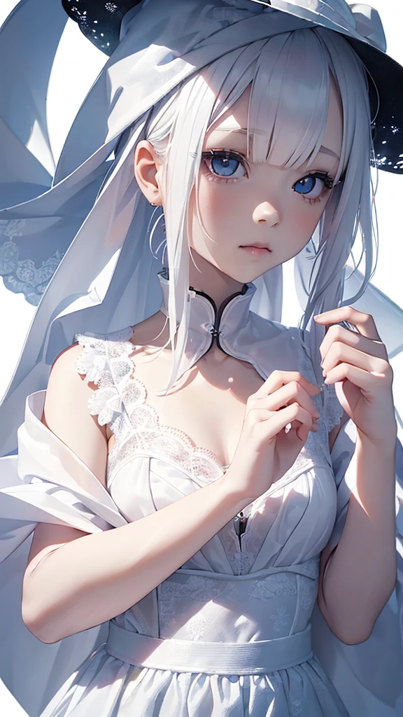 (((White Background:1.3)))、(((1 albino girl、Cute face、pretty girl))), ,(((The eyes are white:1.3)))、White Dress、((White shirt:1.3、White Block Dress)), Tyndall effect, Realistic, Shadow Studio,ultramarine、illumination, デュアルトーンillumination, (Skin with attention to detail: 1.2)、薄暗いillumination、暗いillumination、 photograph, High resolution, 4K, 8K, Background Blur,Beautiful fade out、White world、White Background
