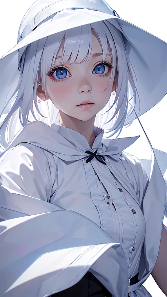 (((White Background:1.3)))、(((1 albino girl、Cute face、pretty girl))), 16 years old,(((The eyes are white:1.3)))、White Dress、((White shirt:1.3、White Block Dress)), Tyndall effect, Realistic, Shadow Studio,ultramarine、illumination, デュアルトーンillumination, (Skin with attention to detail: 1.2)、薄暗いillumination、暗いillumination、 photograph, High resolution, 4K, 8K, Background Blur,Beautiful fade out、White world、White Background