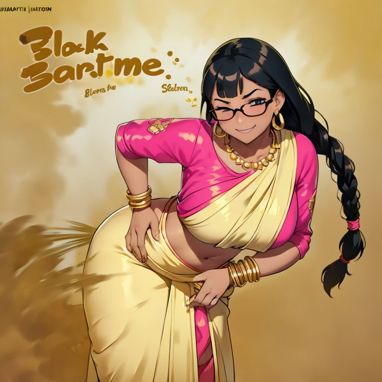solo, 1female, indian teenage girl, black hair, hair tied in braids, hair bangs, dark skin, wearing glasses, blushing intensely, skinny body, dark skin, clenching teeth, smiley face, one eye closed, soft lips, pink saree, wearing golden necklace and earrings, wearing golden bracelets, bend over, letting out ????, massive ????, yellow smoke rising, hand on tummy, sexy body, bending forward, leaning, hand on stomach, TEXT : PHHHRRRRAAAAAPT!