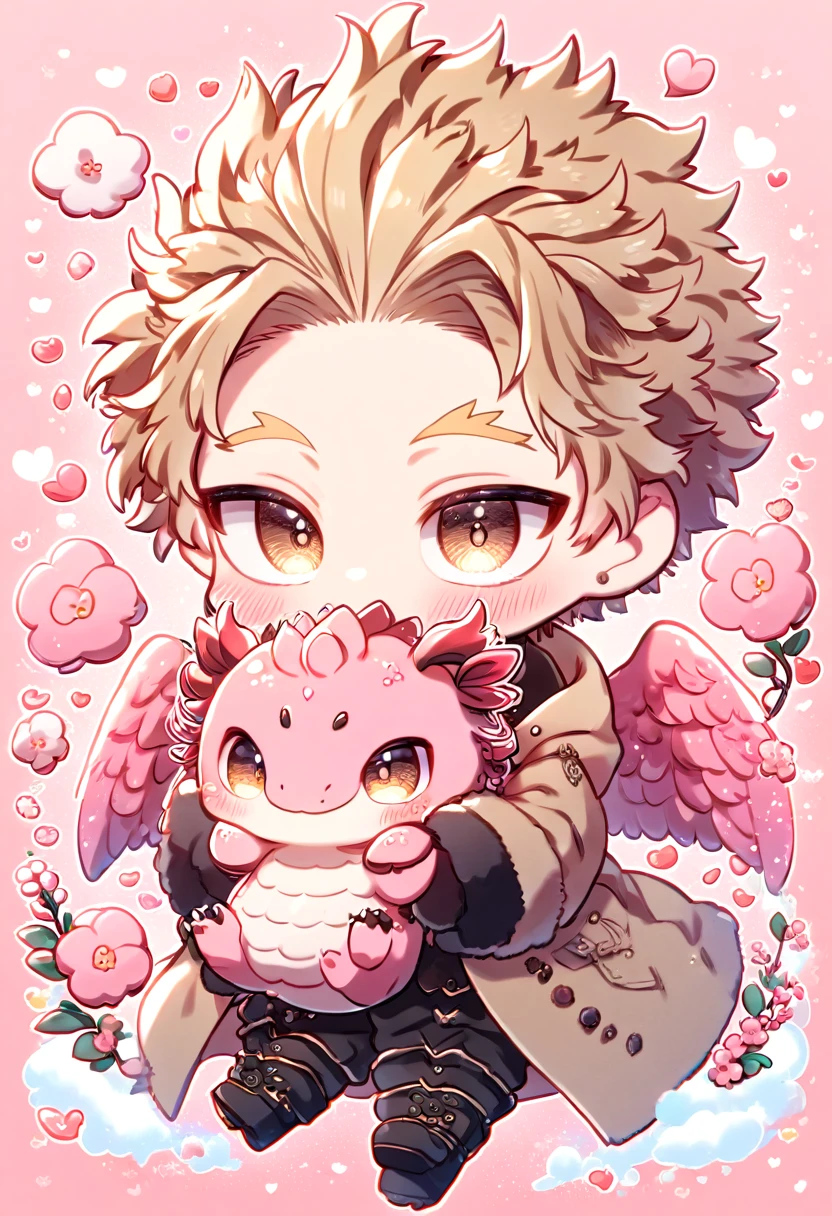 absurdres, highres, ultra detailed, HDR, master piece, Hawks chibi, brown-blond hair, expressive brown-golden eyes, brown coat with fur, black gloves, Boku No Hero Academia, cute, best quality, blossoms, pink petals, pink flowers, fantasy, magical, solo, pink background, hugging a pink dragon, black shirt, love,