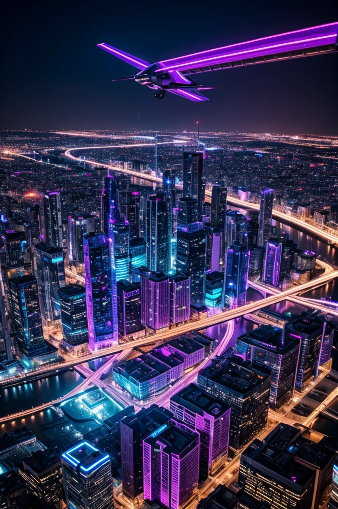 A city with flying cars and tall buildings with purple and blue neon colors