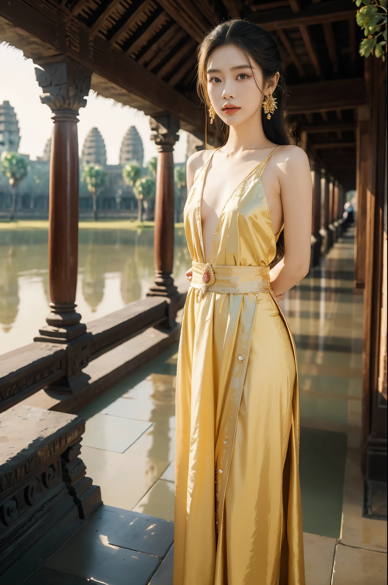 (((best quality))), (((ultra detailed))), (((masterpiece))), illustration, A Cambodian princess in traditional costume at Angkor Wat, beautiful,solo,slim,thin,flat chest,shoulder length straight hair, standing,arms behind back,delicate features, bright eyes, graceful, dignity,gentle breeze, ancient temple ruins, Cambodian patterns, beads, pearls, luxurious dress, traditional sandals, national pride, small Cambodian flag, intricate carvings, historical significance, setting sun, golden glow, radiance, regal, beauty, cultural richness, Cambodia, resilience, pride, rich history, cultural heritage, diversity, traditions, values,upper body,from front