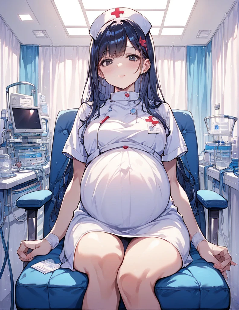 source_anime,score_9, score_8_up, score_7_up, score_6_up, score_5_up, rating_safe,
(girl:1.5),(long hair,delicate detailed black eyes, nice outfit,bangs,nurse, pregnant, sitting), (close up,waist)
background, operating room, chair