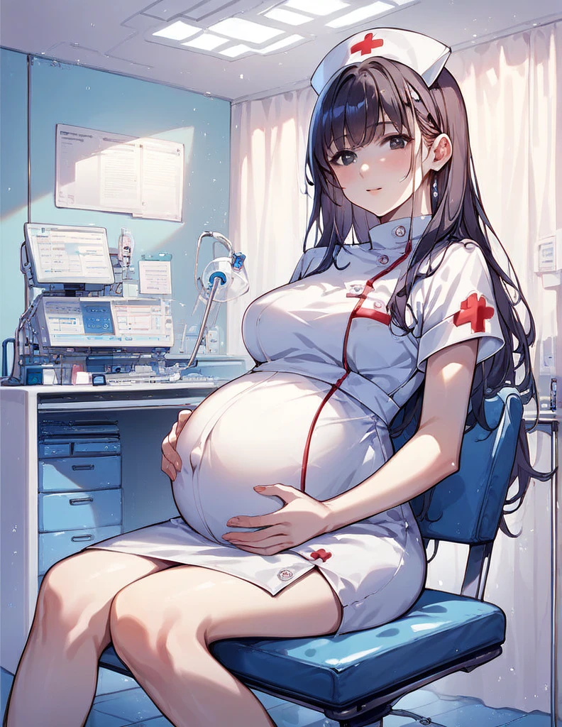 source_anime,score_9, score_8_up, score_7_up, score_6_up, score_5_up, rating_safe,
(girl:1.5),(long hair,delicate detailed black eyes, nice outfit,bangs,nurse, pregnant, sitting), (close up,waist)
background, operating room, chair