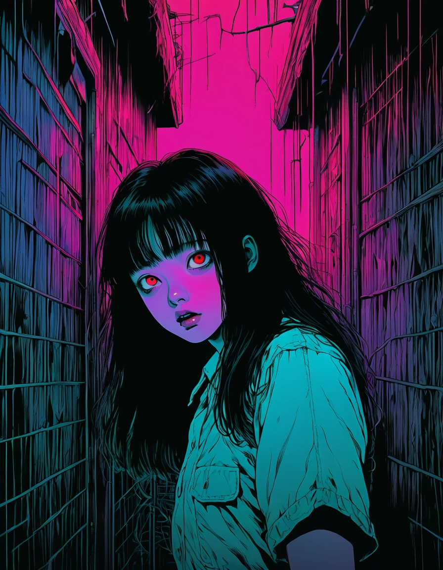 illust、art、from 80s horror movie, directed by Junji Ito、nightmare、high detail, realsitic shadow、Analog style, chromatic aberration,Complementary color gradient、Surrealism