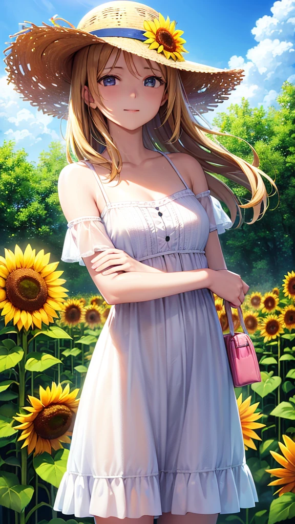 sunflower　sunflower畑　White dress　Straw hat　youth　summer　Emotional　blue sky　Best Quality, Masterpiece, Ultra High Resolution, (Realisticity: 1.4), Original Photo, 1girl, Pink Off-the-Shoulder, Cinematic Lighting