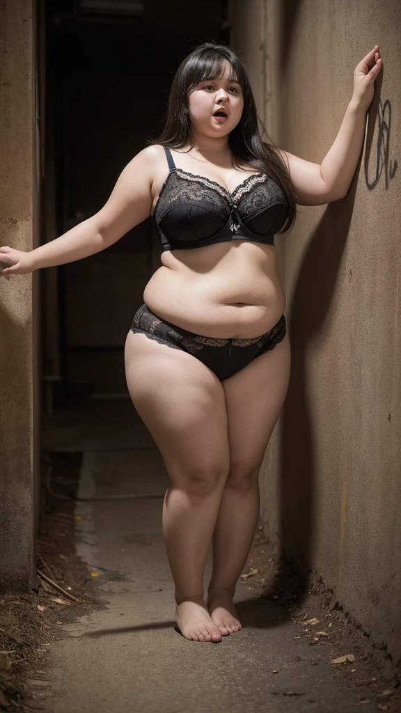 Very fat kid girl , obese , age 15 years , very fat body , in underground prison ,face excited , full body, panties , bra