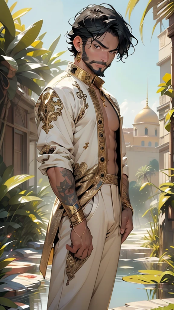 (man:1.5),1 man,male, muscle, 1boy, muscle, pectoral, muscular, Mature man,45 year,1 man,macho man,an extremely detailed face,((black hair,intricate cut hair,black hair)),(((black very short beard, black very short beard))), (((gold_eyes:1.3))),intricate eyes,beautiful detailed eyes,symmetrical eyes,perfect face, nice hair style,(perfect hands, five fingers), thicc, ((detailed face)),macho man,
(male arab prince),prince,
(((lustrous skin:1.5,tanned skin,bright skin: 1.5,skin tanned,shiny skin,very shiny skin,shiny body))),powerful,heroic,nsfw,
(((bare chest,naked torso))),black cape around shoulders,red tunic,gold buttons,swedish renaissance dress,with axe,scars,gold necklace,earrings,ornate armor,arabic pants,((bulge in pants)),turban, arabic clothes, long robes, white robes, bracers, traveler's shoulder bag,(((intricate outfit,embroidered outfit,ornate outfit,intricate clothes,embroidered clothes,ornate clothes))),
dynamic pose,looking at viewer,smug,(masculine attitude),centered,scale to fit dimensions,Rule of thirds,
outdoors,(Arab palace,Arab palace background,pyramids in the background),scenery,(oasis,oasis background),extremely scenery,(puddles everywhere,moss,moss on the background),clouds,Arab style,Arab castle,lily pads,palms,reeds,(sunset, golden hour),
(Glossy Arab ornaments),highres,sharp focus,(ultra detailed,extremely detailed),(photorealistic artwork:1.37),(extremely detailed CG unity 8k wallpaper),(((vibrant colors,vibrant theme))),(intricate),(masterpiece),(best quality),artistic photography,(photography taken by sldr),(intricate background),perfect rendered face,perfect face details,realistic face,photo realistic,((intricate detail)),(((realism))),
