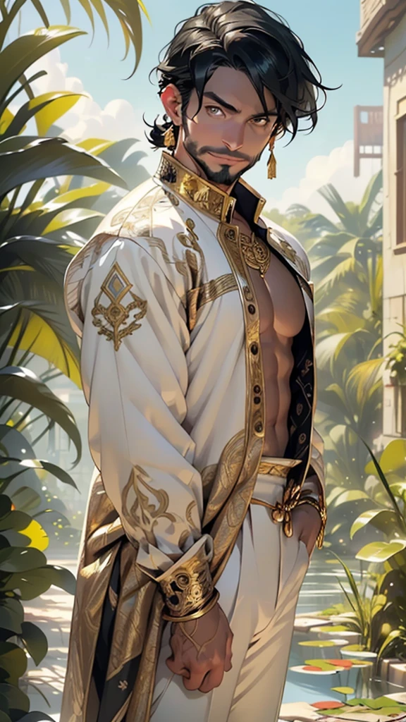 (man:1.5),1 man,male, muscle, 1boy, muscle, pectoral, muscular, Mature man,45 year,1 man,macho man,an extremely detailed face,((black hair,intricate cut hair,black hair)),(((black very short beard, black very short beard))), (((gold_eyes:1.3))),intricate eyes,beautiful detailed eyes,symmetrical eyes,perfect face, nice hair style,(perfect hands, five fingers), thicc, ((detailed face)),macho man,
(male arab prince),prince,
(((lustrous skin:1.5,tanned skin,bright skin: 1.5,skin tanned,shiny skin,very shiny skin,shiny body))),powerful,heroic,nsfw,
(((bare chest,naked torso))),black cape around shoulders,red tunic,gold buttons,swedish renaissance dress,with axe,scars,gold necklace,earrings,ornate armor,arabic pants,((bulge in pants)),turban, arabic clothes, long robes, white robes, bracers, traveler's shoulder bag,(((intricate outfit,embroidered outfit,ornate outfit,intricate clothes,embroidered clothes,ornate clothes))),
dynamic pose,looking at viewer,smug,(masculine attitude),centered,scale to fit dimensions,Rule of thirds,
outdoors,(Arab palace,Arab palace background,pyramids in the background),scenery,(oasis,oasis background),extremely scenery,(puddles everywhere,moss,moss on the background),clouds,Arab style,Arab castle,lily pads,palms,reeds,(sunset, golden hour),
(Glossy Arab ornaments),highres,sharp focus,(ultra detailed,extremely detailed),(photorealistic artwork:1.37),(extremely detailed CG unity 8k wallpaper),(((vibrant colors,vibrant theme))),(intricate),(masterpiece),(best quality),artistic photography,(photography taken by sldr),(intricate background),perfect rendered face,perfect face details,realistic face,photo realistic,((intricate detail)),(((realism))),