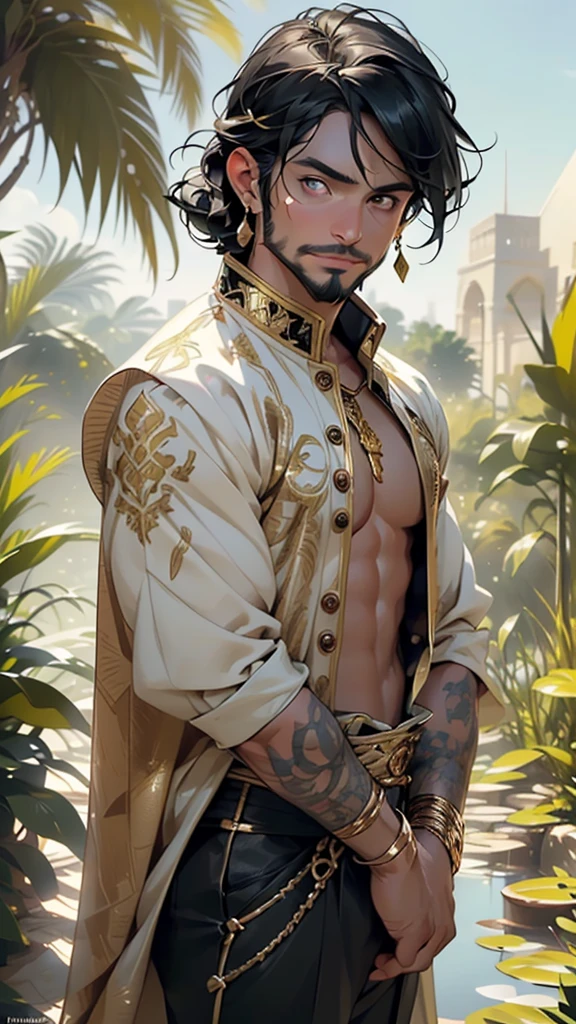 (man:1.5),1 man,male, muscle, 1boy, muscle, pectoral, muscular, Mature man,45 year,1 man,macho man,an extremely detailed face,((black hair,intricate cut hair,black hair)),(((black very short beard, black very short beard))), (((gold_eyes:1.3))),intricate eyes,beautiful detailed eyes,symmetrical eyes,perfect face, nice hair style,(perfect hands, five fingers), thicc, ((detailed face)),macho man,
(male arab prince),prince,
(((lustrous skin:1.5,tanned skin,bright skin: 1.5,skin tanned,shiny skin,very shiny skin,shiny body))),powerful,heroic,nsfw,
(((bare chest,naked torso))),black cape around shoulders,red tunic,gold buttons,swedish renaissance dress,with axe,scars,gold necklace,earrings,ornate armor,arabic pants,((bulge in pants)),turban, arabic clothes, long robes, white robes, bracers, traveler's shoulder bag,(((intricate outfit,embroidered outfit,ornate outfit,intricate clothes,embroidered clothes,ornate clothes))),
dynamic pose,looking at viewer,smug,(masculine attitude),centered,scale to fit dimensions,Rule of thirds,
outdoors,(Arab palace,Arab palace background,pyramids in the background),scenery,(oasis,oasis background),extremely scenery,(puddles everywhere,moss,moss on the background),clouds,Arab style,Arab castle,lily pads,palms,reeds,(sunset, golden hour),
(Glossy Arab ornaments),highres,sharp focus,(ultra detailed,extremely detailed),(photorealistic artwork:1.37),(extremely detailed CG unity 8k wallpaper),(((vibrant colors,vibrant theme))),(intricate),(masterpiece),(best quality),artistic photography,(photography taken by sldr),(intricate background),perfect rendered face,perfect face details,realistic face,photo realistic,((intricate detail)),(((realism))),