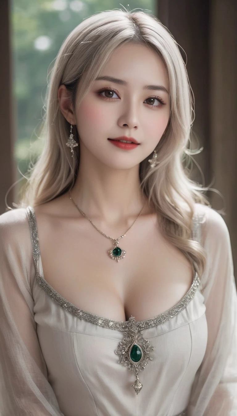 (((surreal woman)))、((Very beautiful 30 year old white woman))、(((Big big cleavage)))、のwitch girl、blonde mature、Plump figure、smile、Middle-aged beauty 、Very delicate and delicate skin texture、witch girl、{(Ancient ornate and luxurious temple)、(Many torches are burning)}、Red lips、Beautiful scarlet eyes、(((Gorgeous and glamorous silver outfit and luxurious accessories)))、I have a shiny platinum wand、