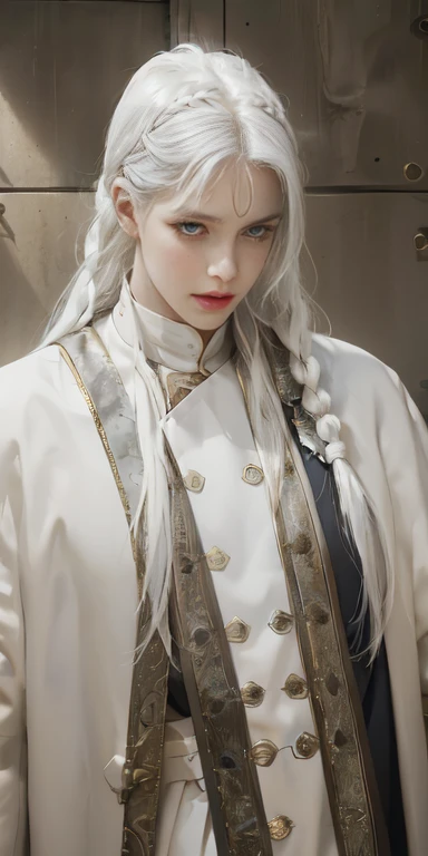 best qualityer, work of art,White hair, gold eyes,white  clothes, looking up, trunk,lock of hair,skin fair,side braids, naughty man, male, 8K