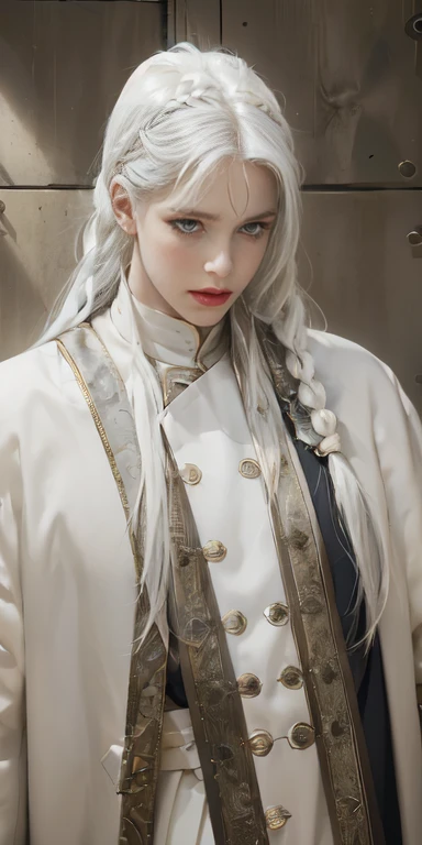 best qualityer, work of art,White hair, gold eyes,white clothes, looking up, trunk,lock of hair,skin fair,side braids, naughty man, male, 8K