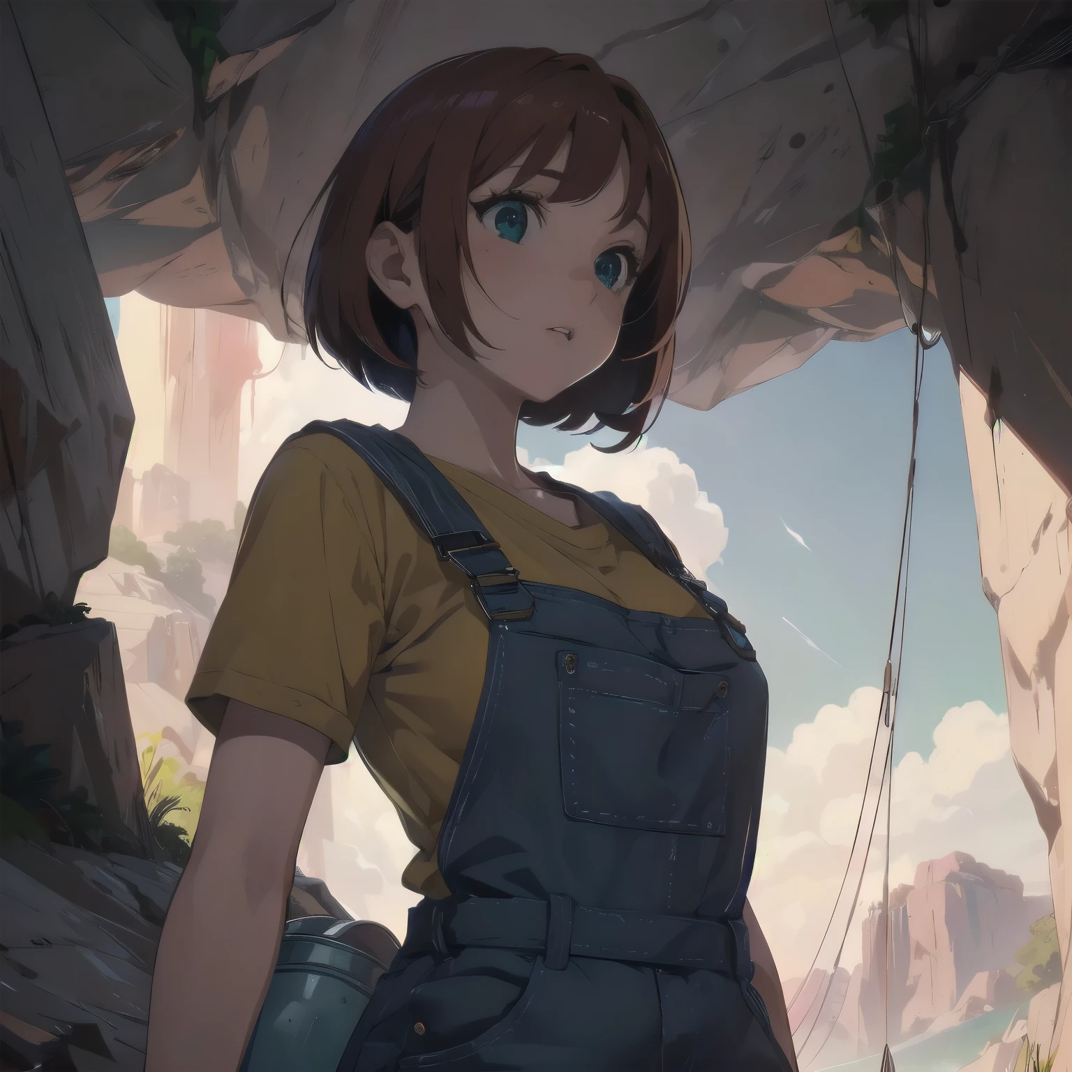 (masterpiece), best quality, expressive eyes, perfect face, 1girl, solo, bob cut, redhead, red hair BREAK short hair, green eyes BREAK blush, looking at viewer, freckles, breasts, cleavage, standing, yellow shirt BREAK blue overalls BREAK :o, surprised face, cave, cave interior, blue rocks, mines, looking away, gloves, safety helmet