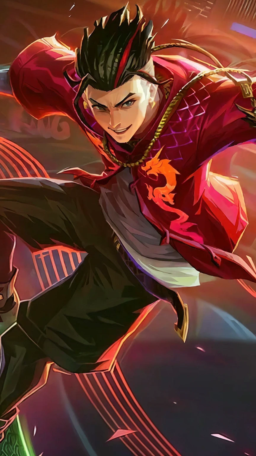 anime character in a red jacket and black pants on a skateboard, inspired by Huang Shen, rossdraws cartoon vibrant, mobile wallpaper, g liulian art style, handsome guy in demon slayer art, in the style of sifu 🔥 😎 🕹️ 👀 :2, king of fighters style, character from king of fighters, by Yang J, heise jinyao