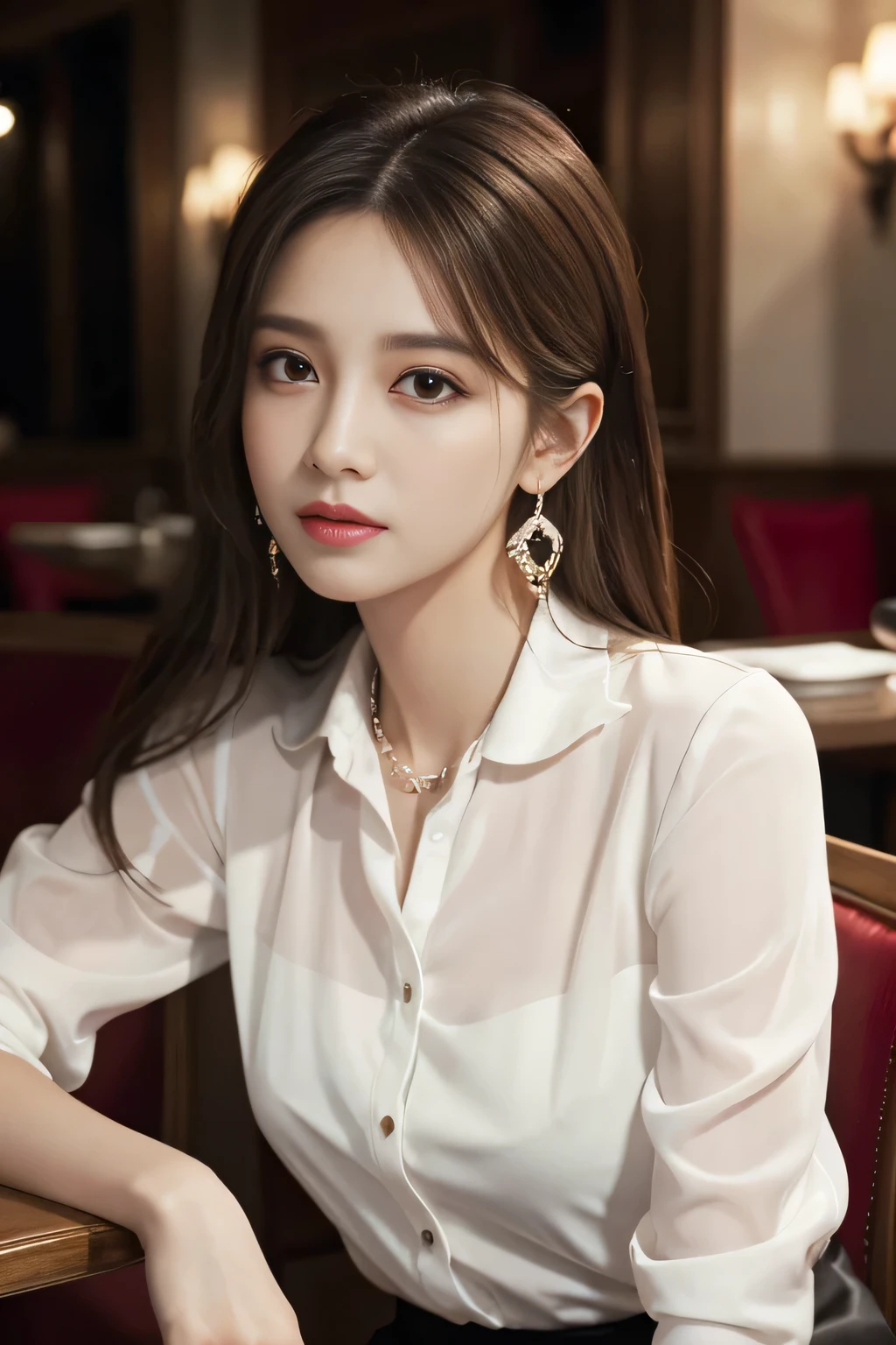 masterpiece, Highest quality, Realistic, Very detailed, Finer details, High resolution, 8k wallpaper, One beautiful woman, Wear an elegant white see-through shirt, In a great restaurant, At night, Light brown messy hair, Perfect dynamic composition, Beautiful and beautiful eyes、Big earrings、Sit on a chair、