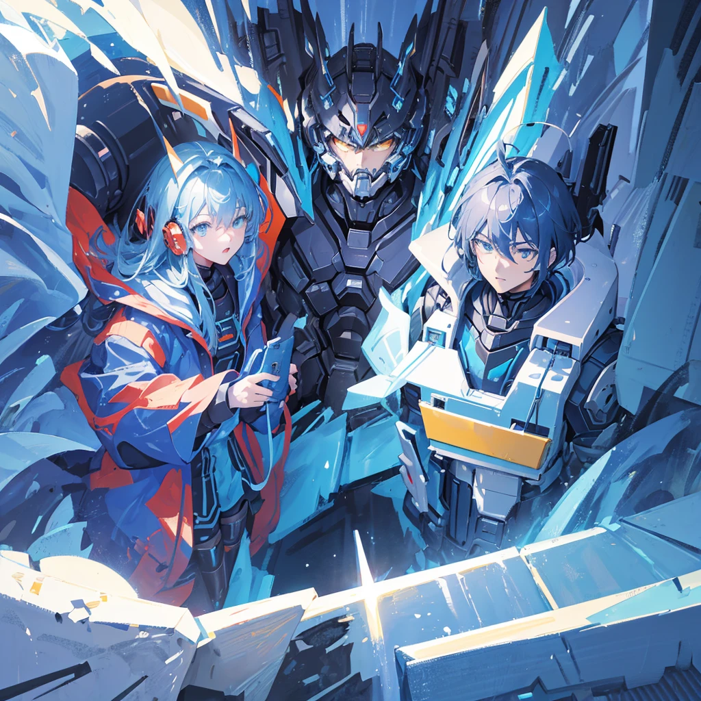 Mecha Art, Krenz Kushat and Lin Wenjun, Alexander Ferra Meha, Krenz Kushat and Artyom Demura, Cool mech style, Modern mecha animation, zoids art, War Mech Battle, Greg Rutkoski and Krentz Kushat，((Pure blue background))