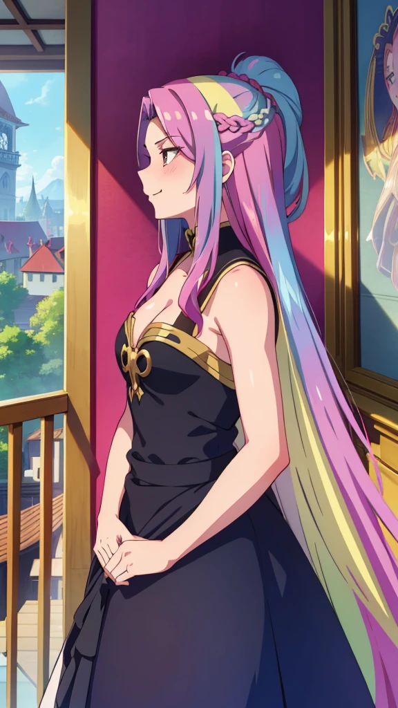 (1girl,20 years old),rainbow hair,long hair,medusa hair,black dress, sleeveless,bare shoulders,smile,blush,extra arms,four arms,cleavage,looking at view,sunlight,village,on the balcony of a mansion,profile