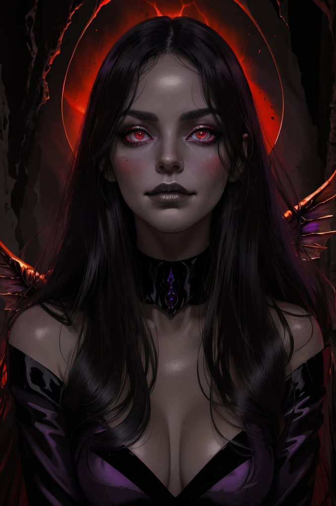 (masterpiece), (unrivalled quality:1.4), ultra-high resolution, [:velvet textures:0.2], hyperrealistic, dark fantasy portrait, 1 woman, adult (succubus:0.7) with a sly smirk, hypnotic ruby red eyes,her mouth wide open, raven-black hair cascading in waves, solo, detailed face, (cavernous underworld theme:1.1) (demonic wings:1.05), personified forbidden temptation, allure, power, darkness, succubus mythology symbolism, firelight, glow, rich purples and reds, symmetry, obsidian, foreboding cavern background, otherworldly infernal atmosphere, 