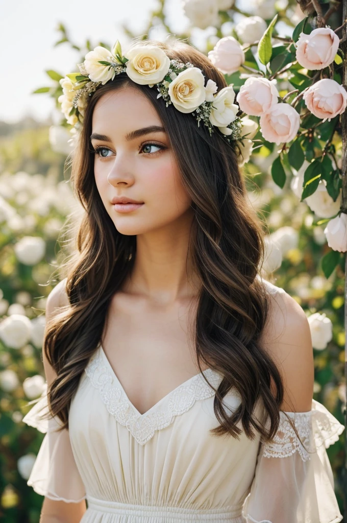I need a hyperrealistic image with a teenager in the center, a little bird on the shoulder, the girl must have great beauty and youth.. She is represented as a young woman with a delicate and almost ethereal appearance., with a pale and luminous complexion. Their eyes are usually described as large and luminous., reflecting her divine and mysterious nature with long dark hair that falls in soft waves around her face wearing fine and elegant clothes, that highlight your beauty and femininity. wearing a flower crown, symbolizing your connection with nature and spring, that flowers come out of your hands and that it is a very bright day with fruit trees and the sun is shining.