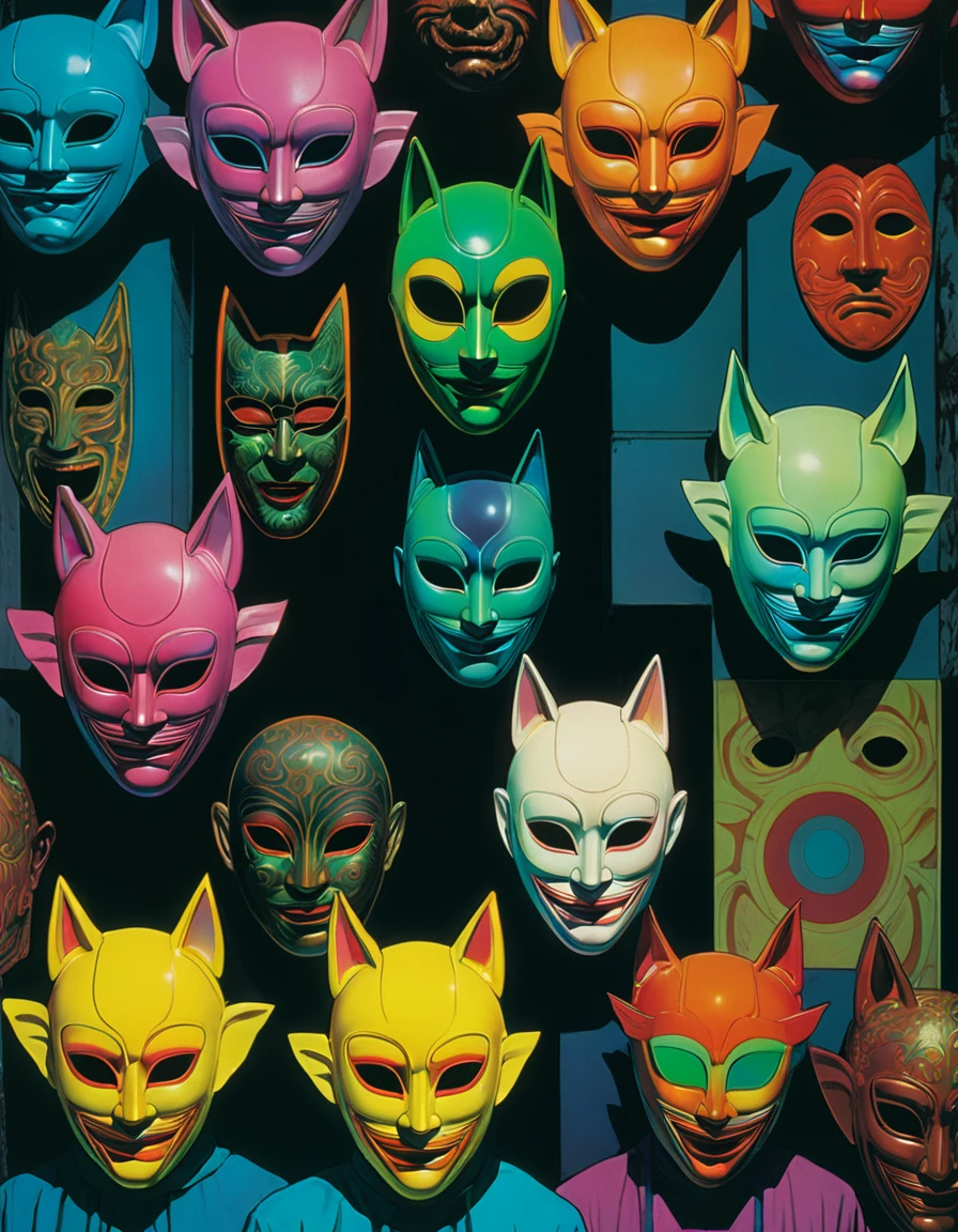 illust、art、from 80s horror movie, directed by Junji Ito、Color on the wall々The mysterious masks from various countries are displayed in a neat line-up.、high detail, realsitic shadow、Analog style, vhs style, 8mm film, chromatic aberration, Dvd screengrab、Complementary color gradient、Surrealism
