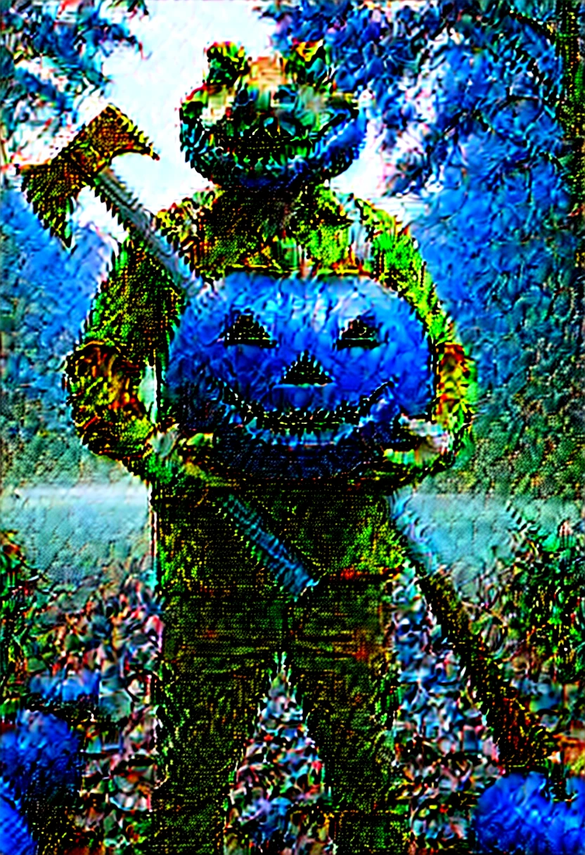 a man with a pumpkin head, holding an ax in one hand and in the other hand holding an alligator by its tail, and that alligator is missing its head