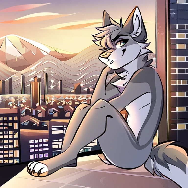 Solo, male, furry art, fursona, ((canine)), (((grey primary fur))), white secondary, (perky ears), cool pose, city background, amazing art, masterfully executed, beautiful background, normal body, paws, by timteamoshi.