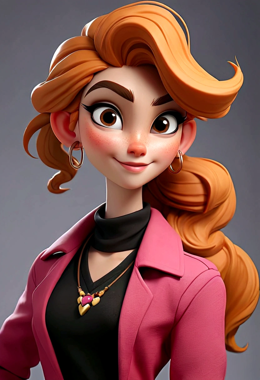 Commercial coordinator, a 35 year old woman, and she is 163 cm tall, well designed mouth, smiling, your hair is wavy pink, falling just above the shoulders, often tied in a ponytail, Her eyes are big, Ablaze, round-cropped, She has fair skin, your face is heart-shaped with high cheekbones and a pointed chin, She tends to wear more casual, colorful clothes that reflect her rock-oriented personality., remove background from image